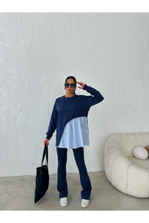 Önü Gömlek Detaylı Rahat Kalıp Alt Üst Tesettür Takım (Lacivert)
