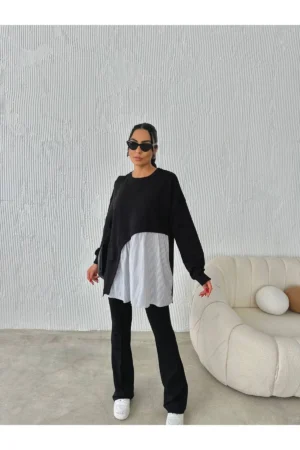 Önü Gömlek Detaylı Rahat Kalıp Alt Üst Tesettür Takım (Siyah)