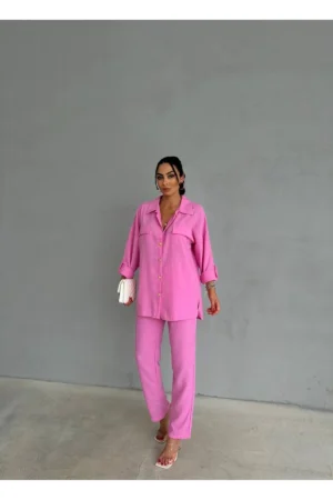 Gold Düğme Detaylı Rahat Kalıp Alt Üst Tesettür Keten Takım