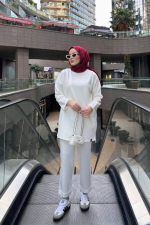 Duble Paça Manşet Detaylı Rahat Kalıp Uzun Alt Üst Tesettür Takım (Beyaz)