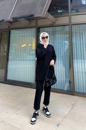 Duble Paça Manşet Detaylı Rahat Kalıp Uzun Alt Üst Tesettür Takım (Siyah)