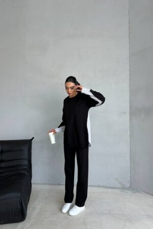 Arkası Gömlek Detaylı Rahat Kalıp Alt Üst Tesettür Takım (Siyah)