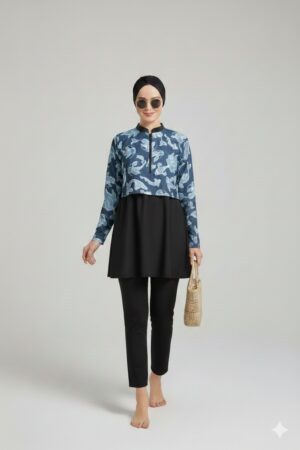 Mavi Balık Desenli Fermuarlı Üç Parça Hızlı Kuruyan Tesettür Mayo