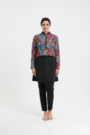 Renkli Çizgi Desenli Fermuarlı Üç Parça Hızlı Kuruyan Tesettür Mayo